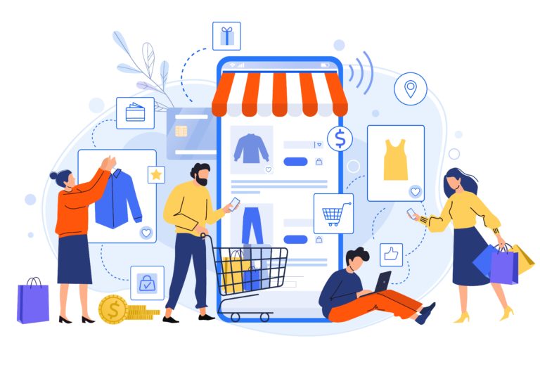 Mobile online shopping. People buy dresses, shirts and pants in online shops. Shoppers buying on internet sale flat vector illustration. Online clothing store. Discount, total sale concept