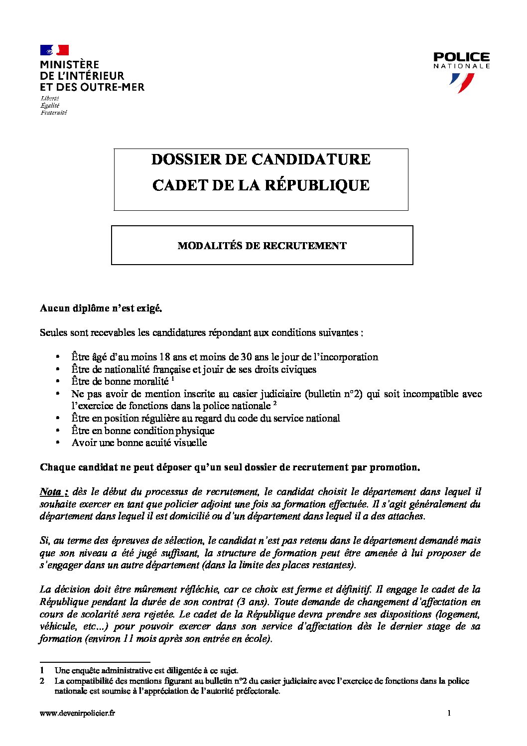 2 - dossier papier candidature cadet de la République